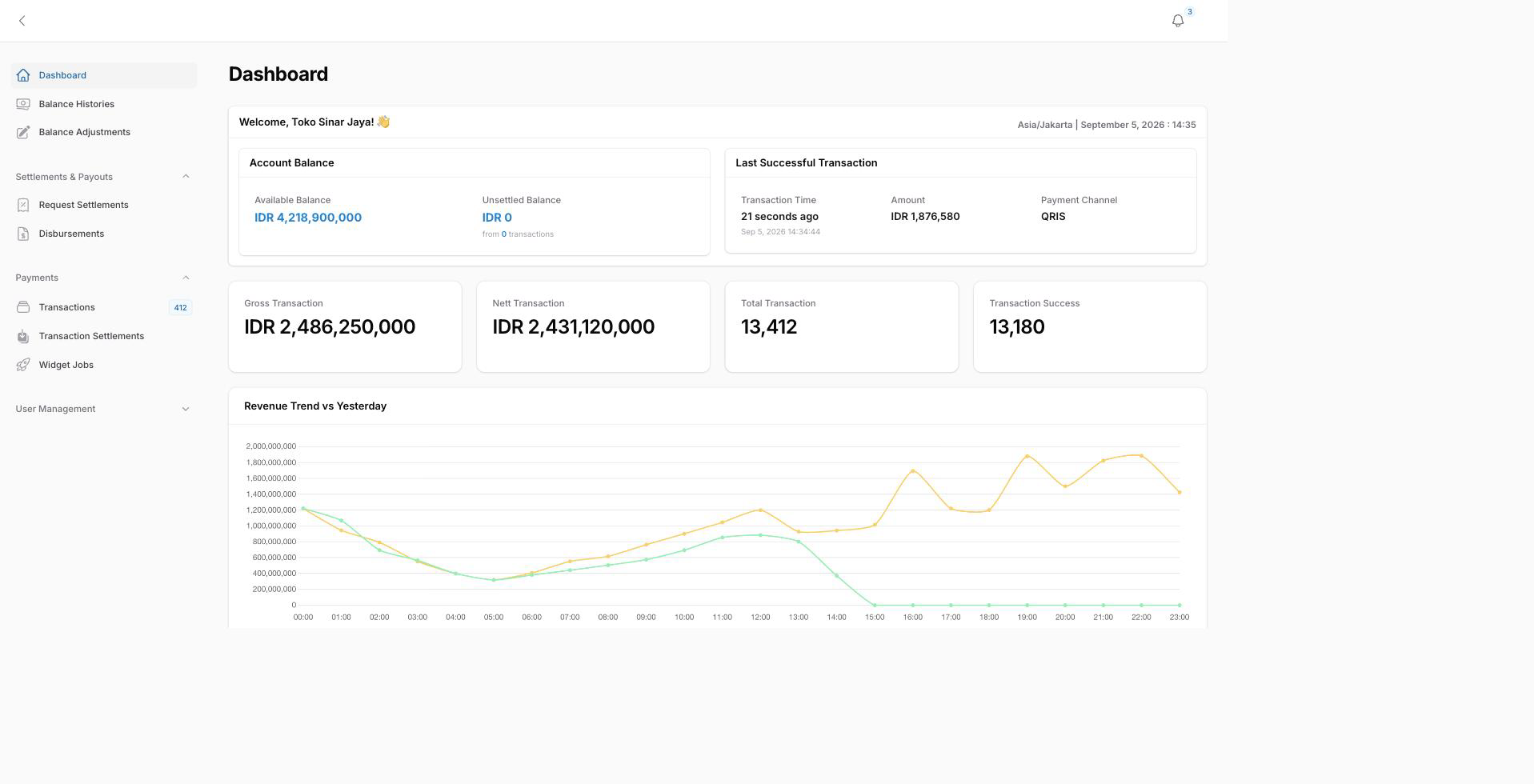 Dashboard overview with balances and recent transactions